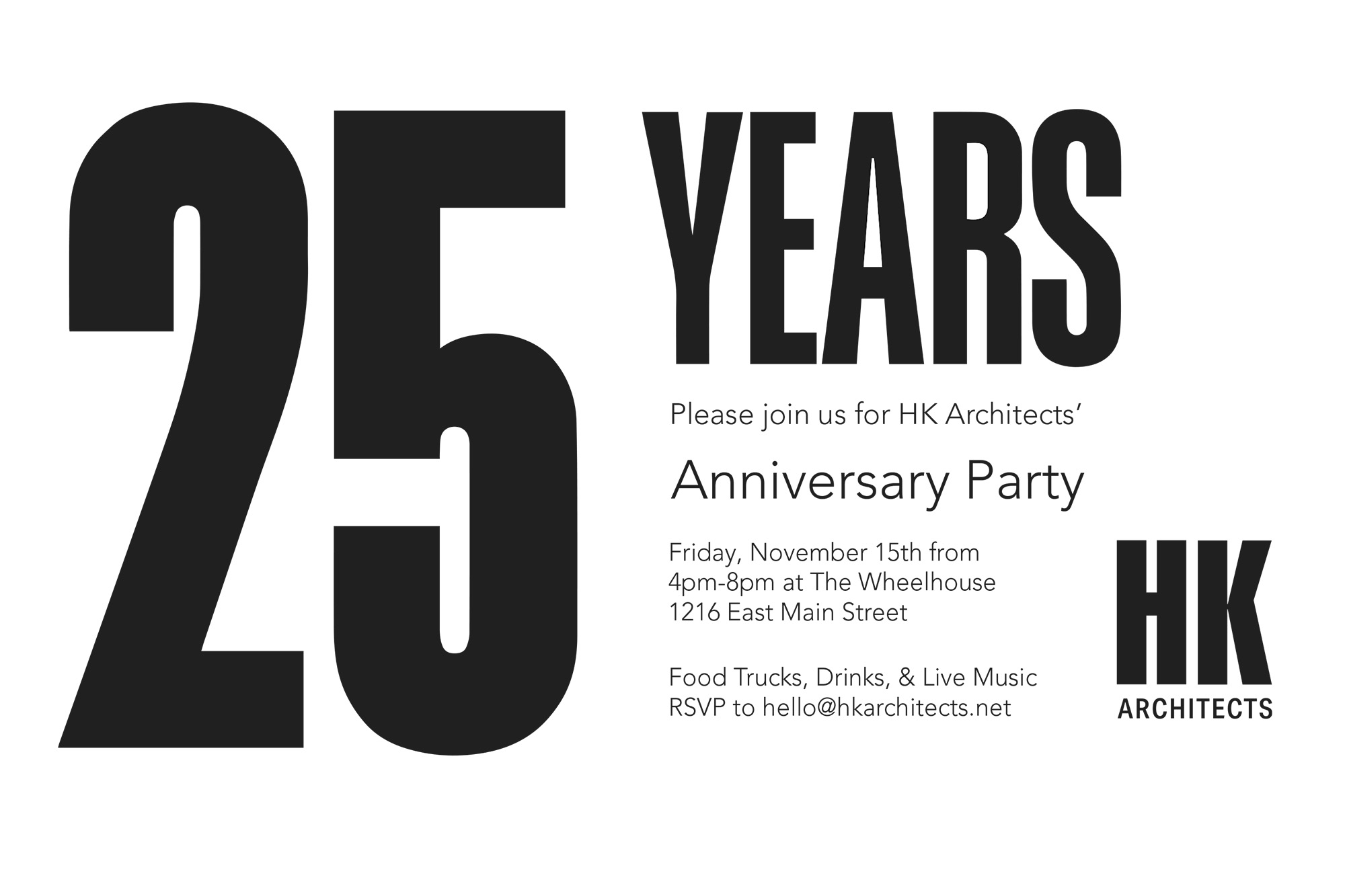 Join HK Architects for our 25th Anniversary Party on November 15th from 4-8 at The Wheelhouse at 1216 East Main Street, Chattanooga, TN 37408. RSVP to hello@hkarchitects.net